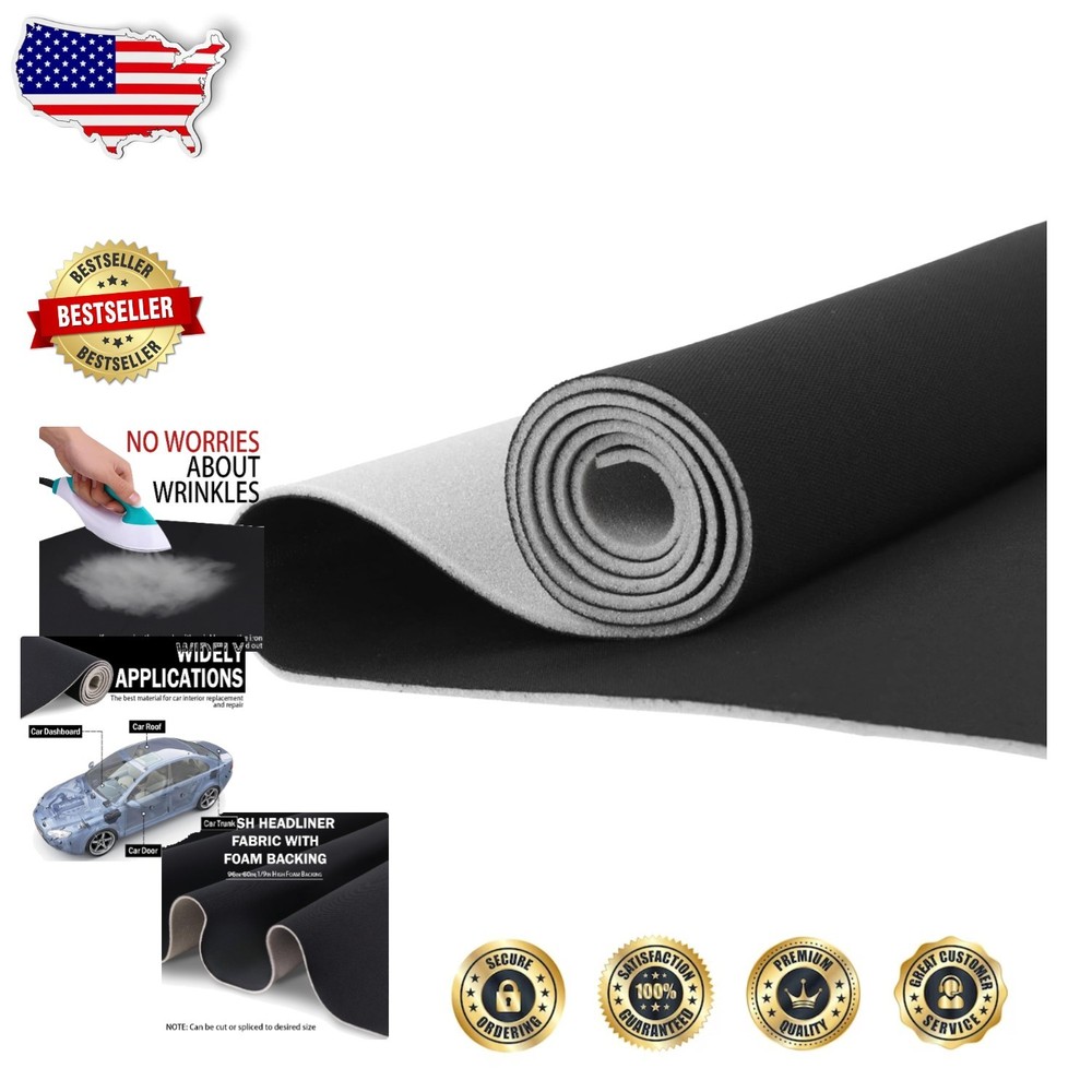 Black Mesh Headliner Fabric 96″x60″ Foam Backed Auto Interior Roof Repair