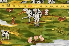 By 1/2 Yd, Colorful Farm Scenes on Green Quilt Cotton, Alexander Henry, P508