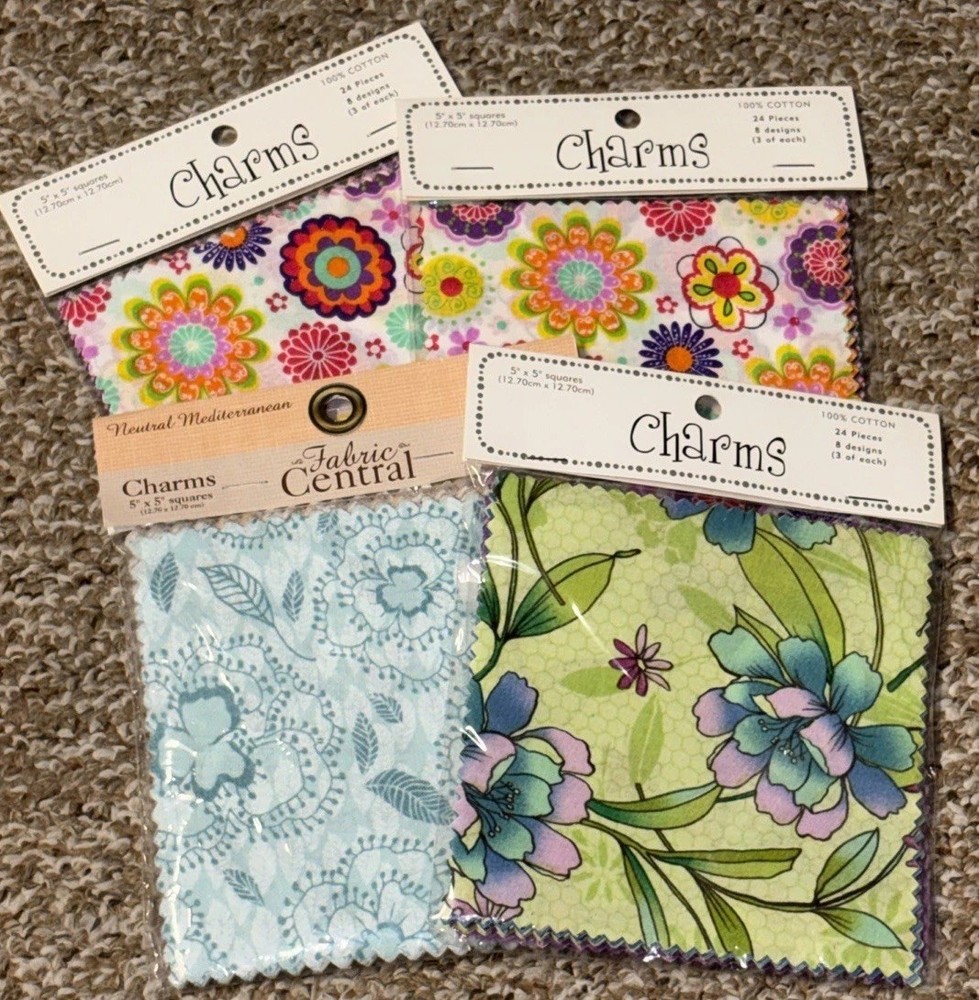 New! 102 Assorted Fabric Squares 5” X 5” Pre-Cut Quilting Charms Packs (4)