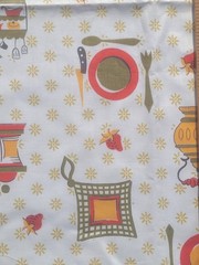 1 yd MCM VTG Gold Avocado Green Red Yellow Kitchen Novelty Fabric Cotton 38″ W