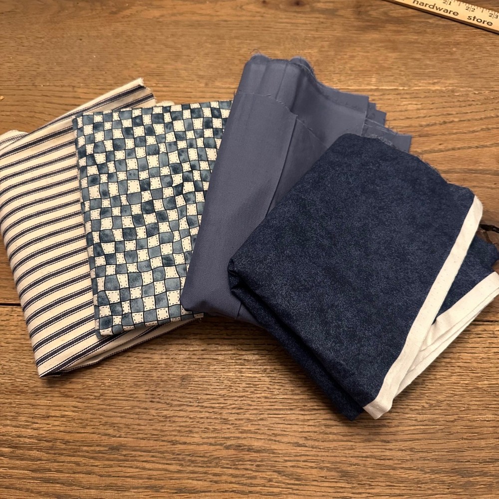 Blue Fabric Remnants Lot 4 Pieces Ticking Stripe Checkered Solid Cotton Quilting