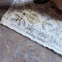 2 yd cut – Maker’s Holiday Fabric – Xmas Cream Gray Gold Metallic Holly Ornament