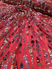 Fabric Sold By The Yard Red Beaded Lace Sequin Floral Embroidery Mesh For Dress