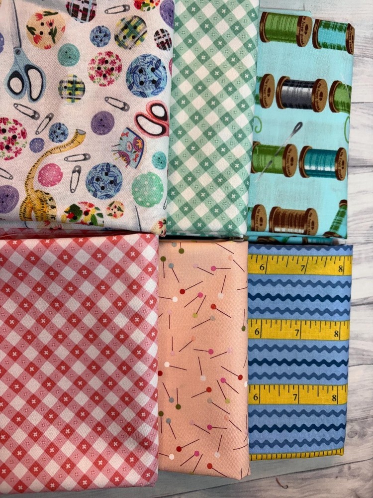 Lot of 6 Sewing Theme cotton fabric fat quarters Thread spools pins measure