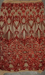 Kara RED Hearts and Flowers Sequins on NUDE Mesh Lace Fabric by the Yard – 10148