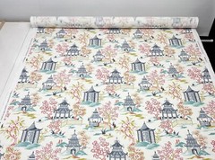 BALLARD DESIGNS SUKI BLUE CHINOISERIE VILLAGE MULTIUSE FABRIC BY YARD 54″W