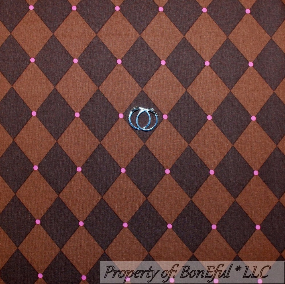 BonEful Fabric FQ Cotton Quilt Brown Pink Rose Diamond Paris Stripe Large Calico