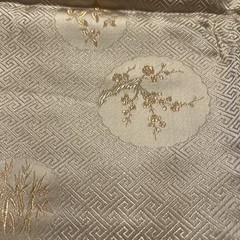 Over 2 yards ~ Asian brocade fabric Peach with Gold and Cream flowers. Wide 28”