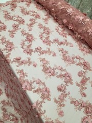 Orange Embroidery Beaded Lace Fabric Sold By The Yard Floral Flowers Scallops