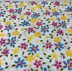 OOP Floral Fabric Pink Yellow Green Fuchsia Turquoise Blue On White Cotton 1+Yds