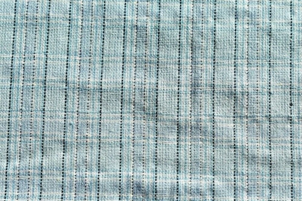 HOMESPUN BLUE CHECKS SILVER METALLIC STRIPES COTTON BLEND FABRIC 2 REMNANT PCS
