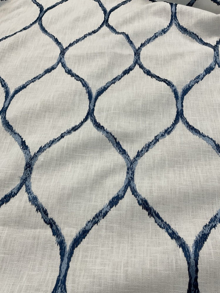BLUE AND WHITE OGEE EMBROIDERED HOME DECOR DRAPERY WEIGHT FABRIC 2+ yds.