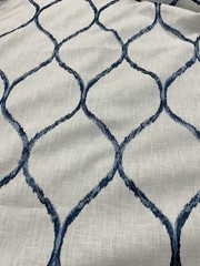 BLUE AND WHITE OGEE EMBROIDERED HOME DECOR DRAPERY WEIGHT FABRIC 2+ yds.
