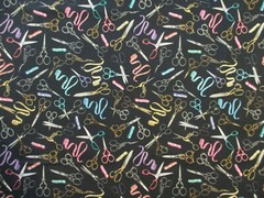 SCISSORS SEWING MEASURING TAPES SCISSOR VARIETY COLORS BLACK COTTON FABRIC FQ