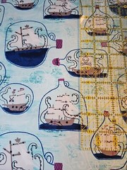 100% Cotton Kraken Ship In A Bottle Pirate Ocean Julia Green Blue Fabric FQ
