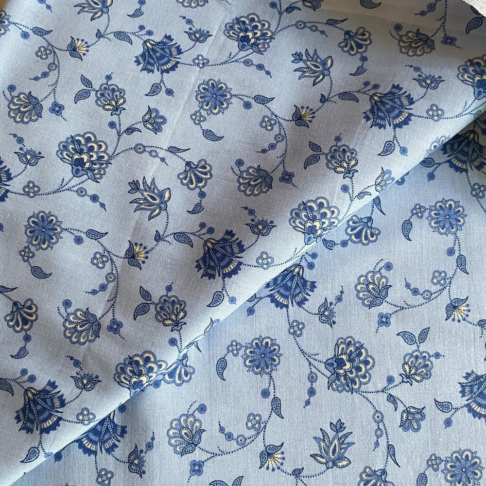 2.5 YD Jacobean Floral Fabric Blue Cotton Print