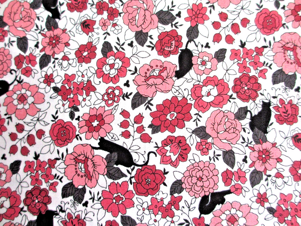 Black Cat Silhouettes with Red and Pink Flowers Oxford Cotton Fabric BTHY
