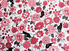 Black Cat Silhouettes with Red and Pink Flowers Oxford Cotton Fabric BTHY