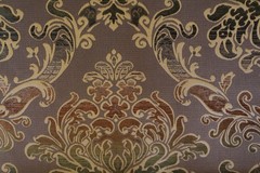 Damask medallion scroll upholstery material in taupe/brown/gold multi on taupe