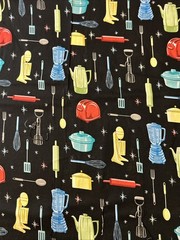 Kitchen Accessories On Black Fabric Traditions Cotton 1/2 Yard (18 By 44”) New