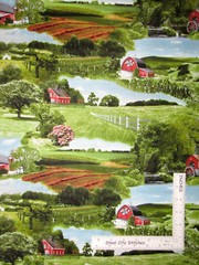 Farm Barn Green Field Crops Fence Scenic Cotton Fabric QT Homestead By The Yard