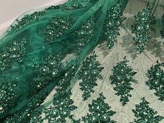 Green Heavy Beaded Sequin Rhinestones Embroidery Lace Fabric 50” Width 1 Yard