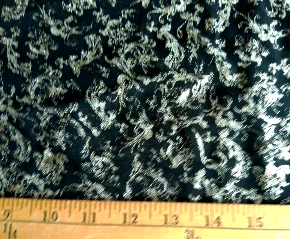 SILVER METALLIC PRINT ON BLACK SHEER POLYESTER FABRIC 4 YARDS X 44″ REMNANT
