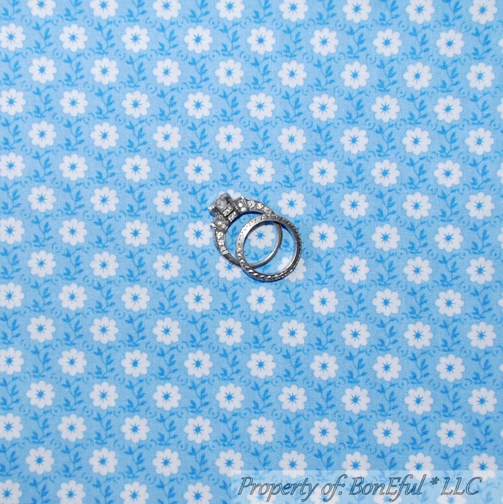 BonEful Fabric FQ Cotton Quilt Blue White Flower Tiny Calico Leaf Stripe Blender