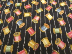 Cotton Fabric Vintage Colorful Wooden Spools on Black Concord Kesslers 1yd x 44