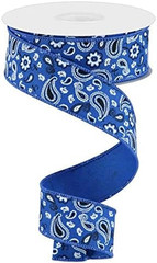 1.5″ X 10 Yards Bandana Print on Royal Blue Diagonal Weave Wired Edge Ribbon, Pa
