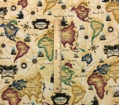 ITALIAN WORLD MAP SET SAIL BEIGE SHIPS COMPASS NOVELTY FABRIC 1.8 YARDS 54″W