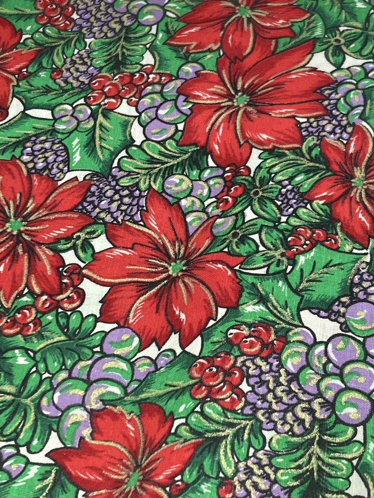Red Poinsettias Purple Grapes Green Leaves on White VTG Christmas Fabric 3Y