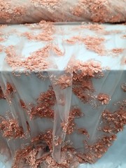 Peach Floral 3D Beaded French Embroidered Handmade Mesh 3D Lace Fabric By Yard