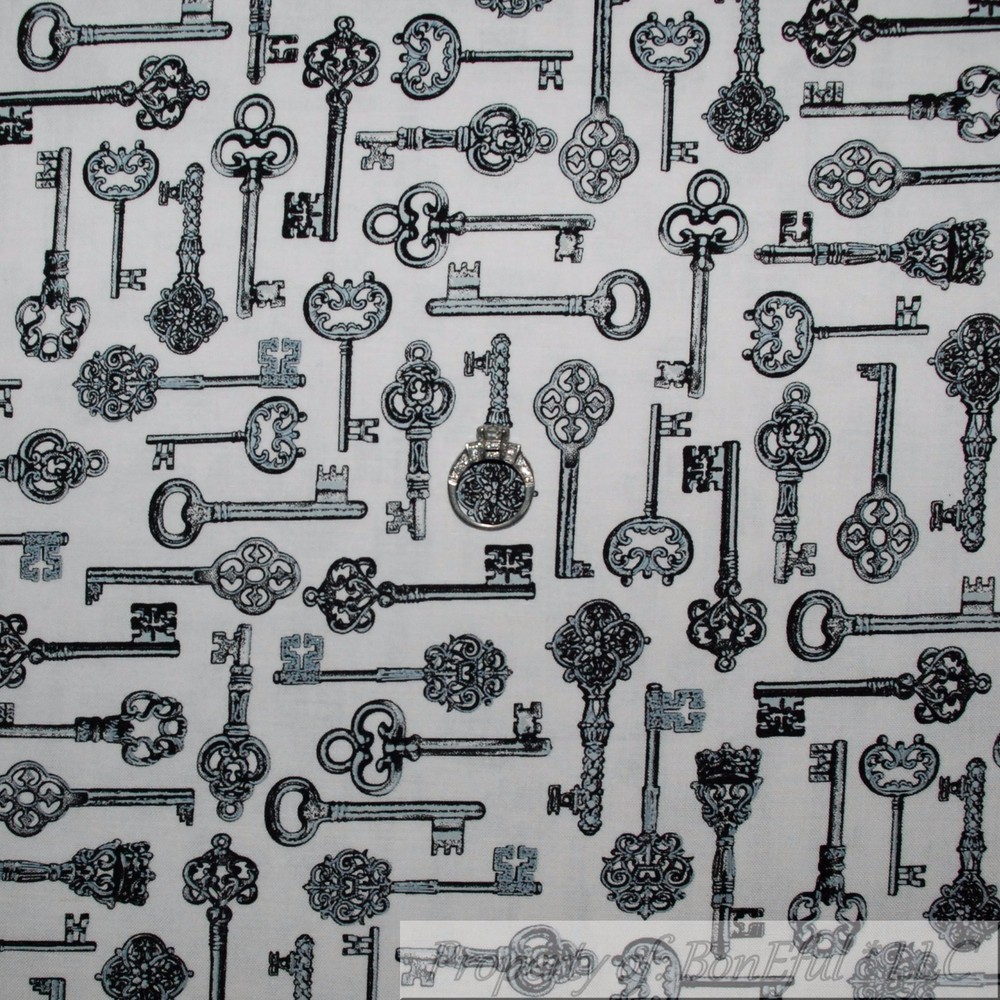 BonEful Fabric FQ Cotton Quilt White Black B&W VTG KEY Victorian Shabby Chic USA