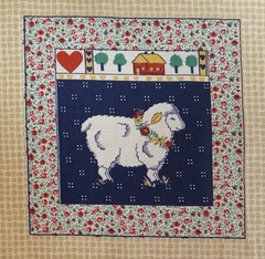Vtg~Ameritex~”Farmhouse Friends”~”Sheep w/Flowers”~Cotton Fabric Panel~ 6.75″x7″