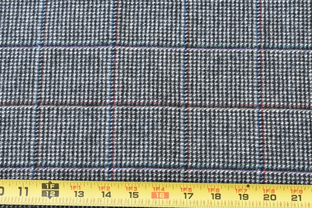 By 1/2 Yd, 45″ Wide, Gray Blue Red Black Plaid Light-to-Mid-Weight Wool, P4164