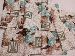 Vtg Mid Century Hydrangea Floral Barkcloth Fabric Blue Gold Brown Remnants 47×31
