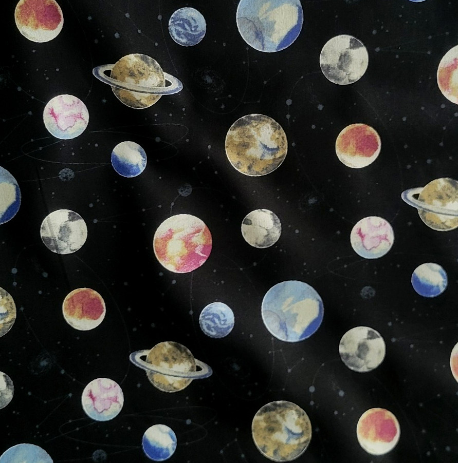 Colored Planets & Gray Constellations on Black Cotton Shirting – from Japan