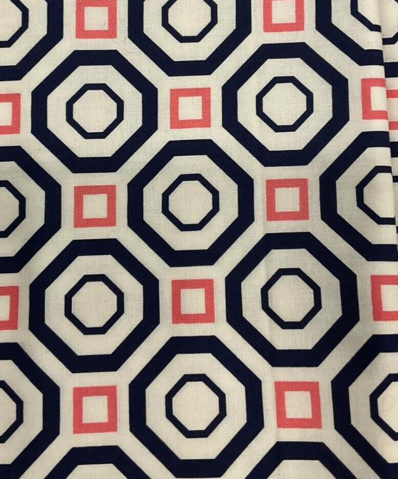 CAMELOT FABRICS – ICONIC #2141001 GEOMETRIC-CORAL & NAVY– 1 1/8 YARDS