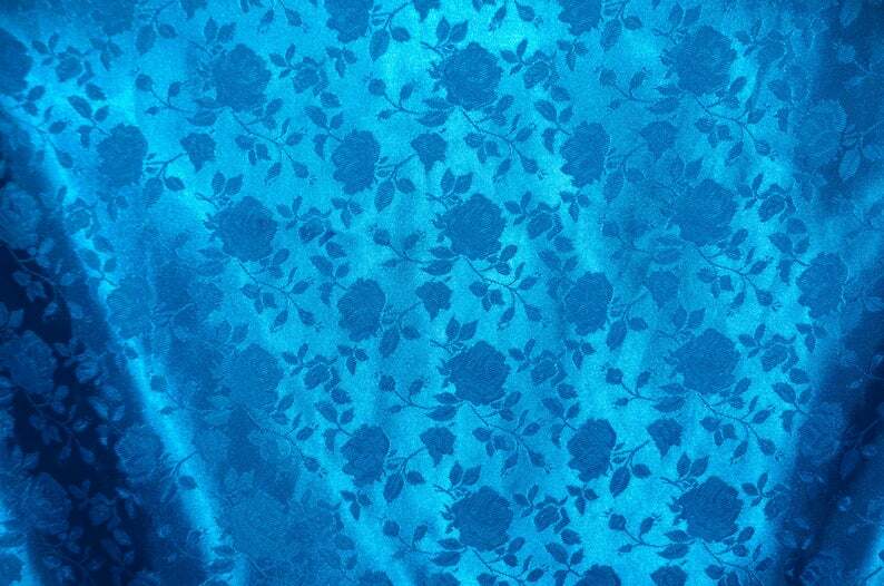 TURQUOISE SATIN BROCADE FLORAL JACQUARD BACKDROP FABRIC WEDDING YARD HOME DECOR