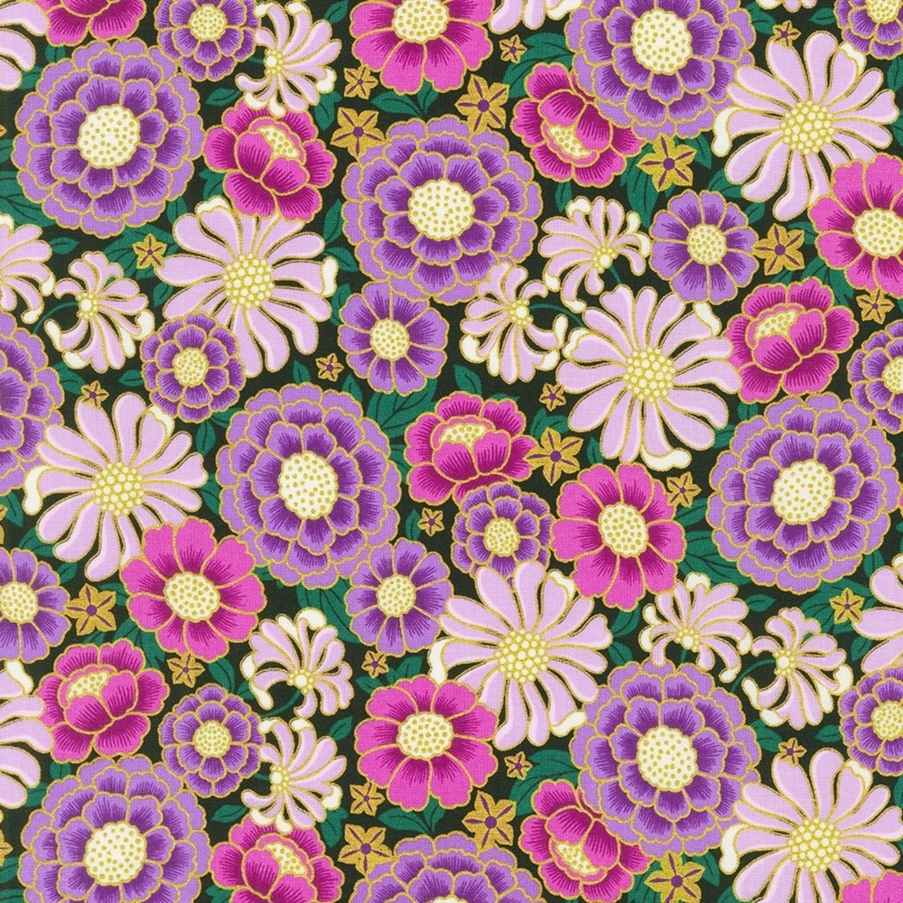 BTY Kaufman Midnight Nectar Floral Met Gold Print 100% Cotton Quilt Fabric Yard