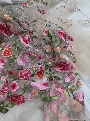 Pink Floral Lace Fabric Sold By The Yard Embroidery Beige Mesh Fabric For Dress