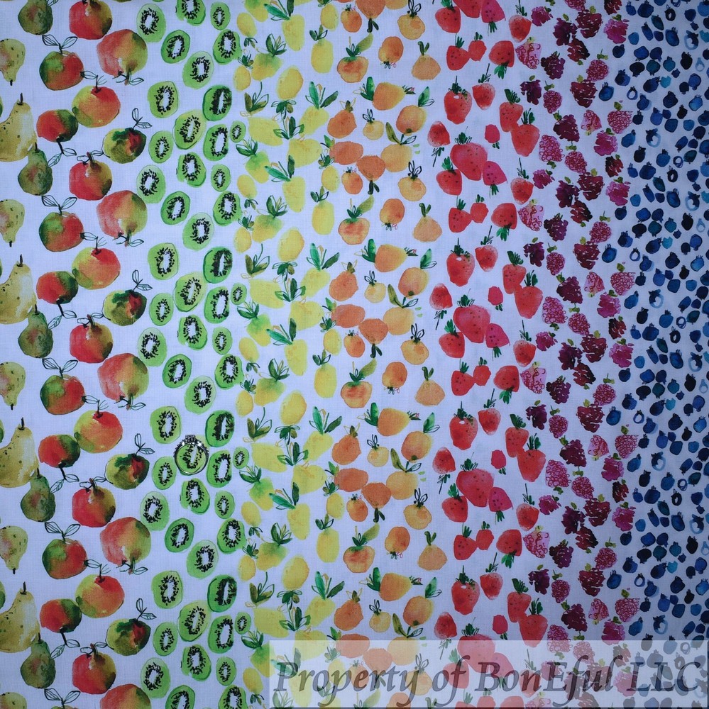 BonEful Fabric FQ Cotton Quilt White Rainbow Fruit Stripe Strawberry Blue*berry