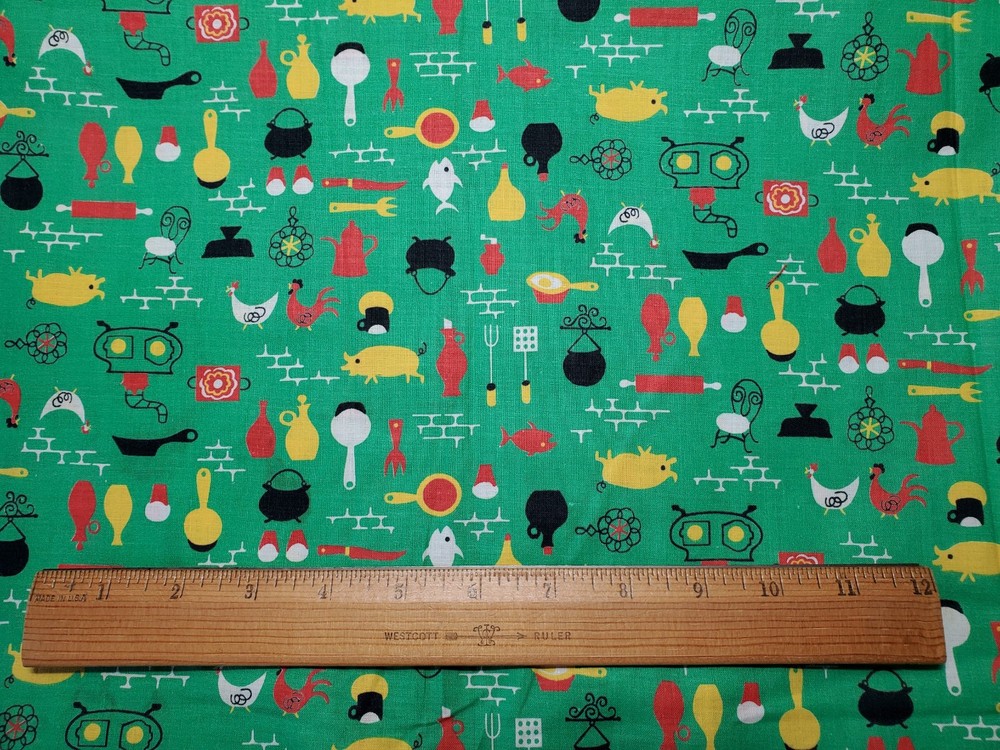 Vintage 1950’s Kitchen Cotton Fabric Cottage Core Food & Cooking on Green 1+YDS