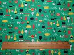Vintage 1950’s Kitchen Cotton Fabric Cottage Core Food & Cooking on Green 1+YDS