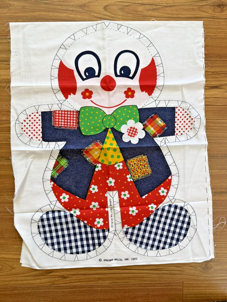VTG Spring Mills 1975 Clown Doll Toy Pillow Cut & Sew Fabric Panel Cotton