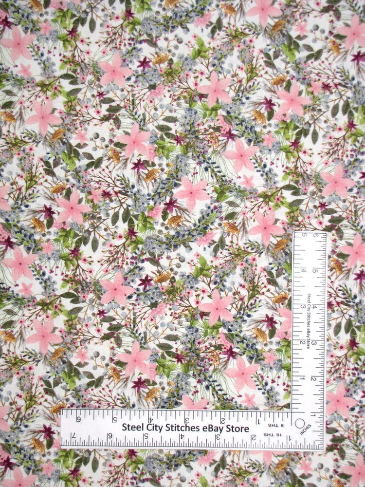 Floral Pink Flower Garden Fabric By the Yard Cotton 3 Wishes Touch of Spring