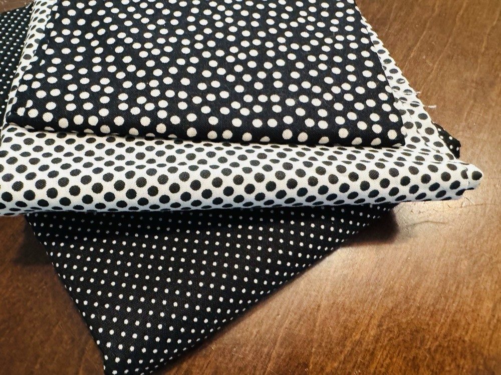 Lot of 3 Black White POLKA DOT COTTON FABRICS 1/4 YD & 2 FQ NEW Quilt Sew Doll
