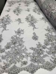 Silver Beaded Lace Fabric By The Yard 3d Floral Flowers Embroidery Sequins Prom
