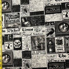 Wicked Newspaper Timeless Treasures Fabric scary raven skull black cat poison